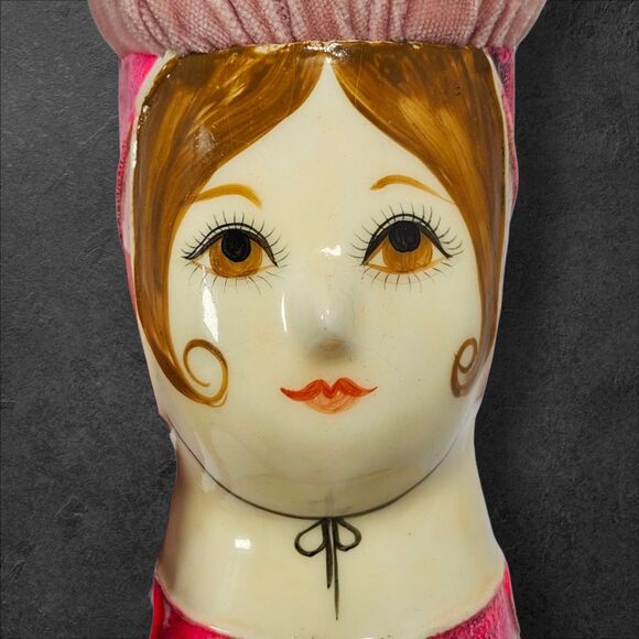 Vintage Papier-Mâché Lady Head Pin Cushion, Gemma Taccogna Style, 8" Pink MCM - Picture 8 of 12